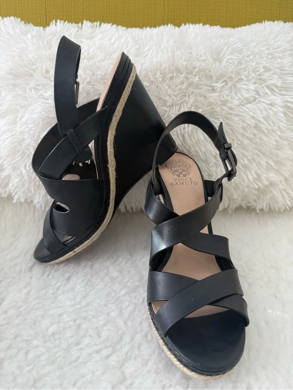 Vince Camuto Black Leather Crisscross Espadrille Wedge Sandals